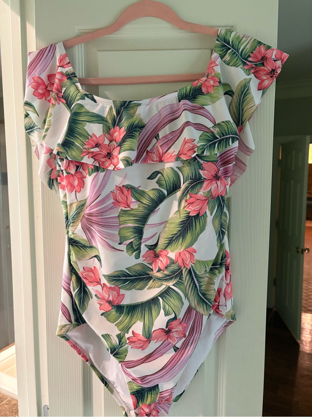 Kona Sol White One-Piece Swimsuit with Pink Floral & Green Leaves